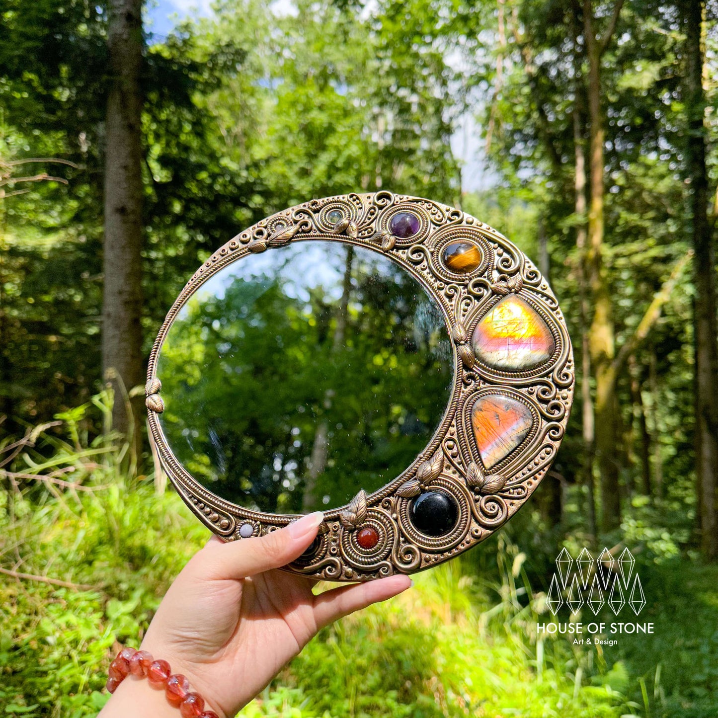 Natural Handmade Crystal Mirror/Magic Crystal Witch Mirror/Labradorite Mirror/Crystal Quartz Mirror/Chakra Healing/Manifest Altar Tool