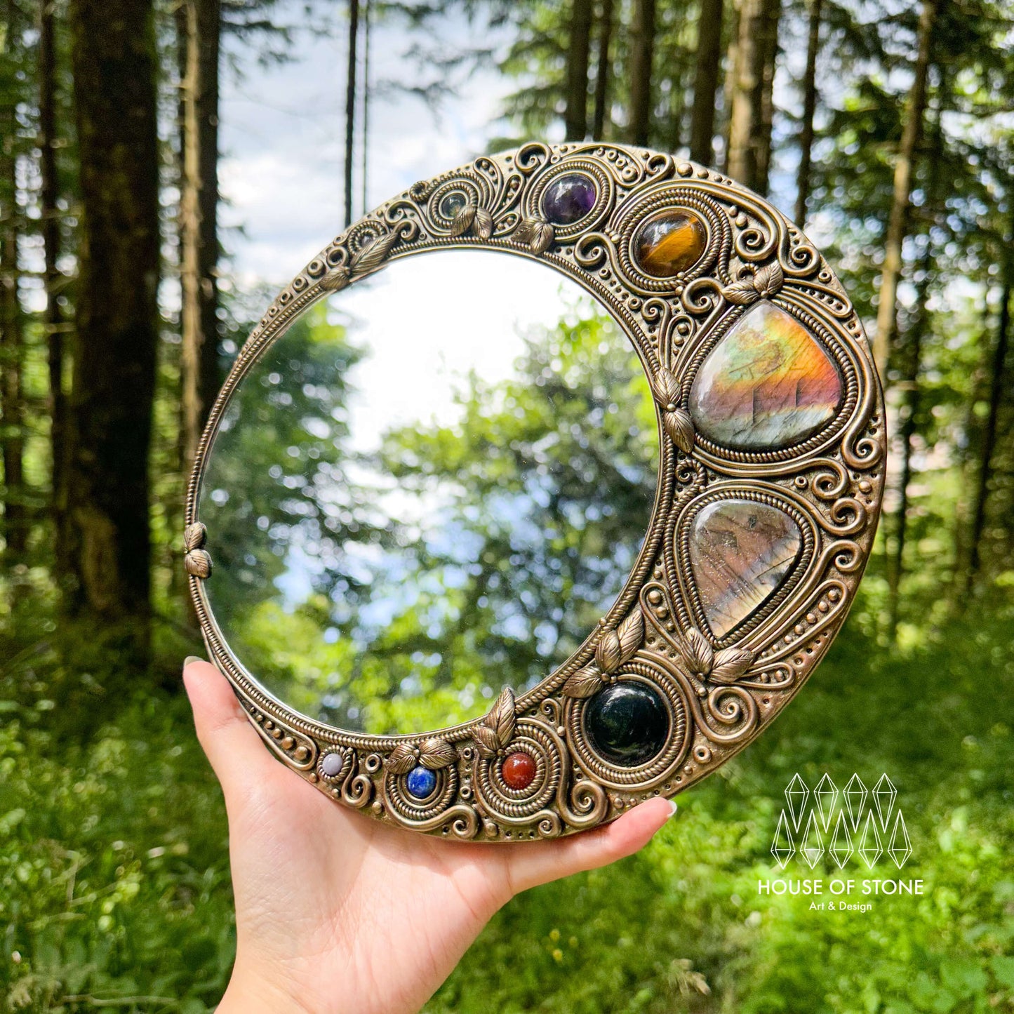 Natural Handmade Crystal Mirror/Magic Crystal Witch Mirror/Labradorite Mirror/Crystal Quartz Mirror/Chakra Healing/Manifest Altar Tool