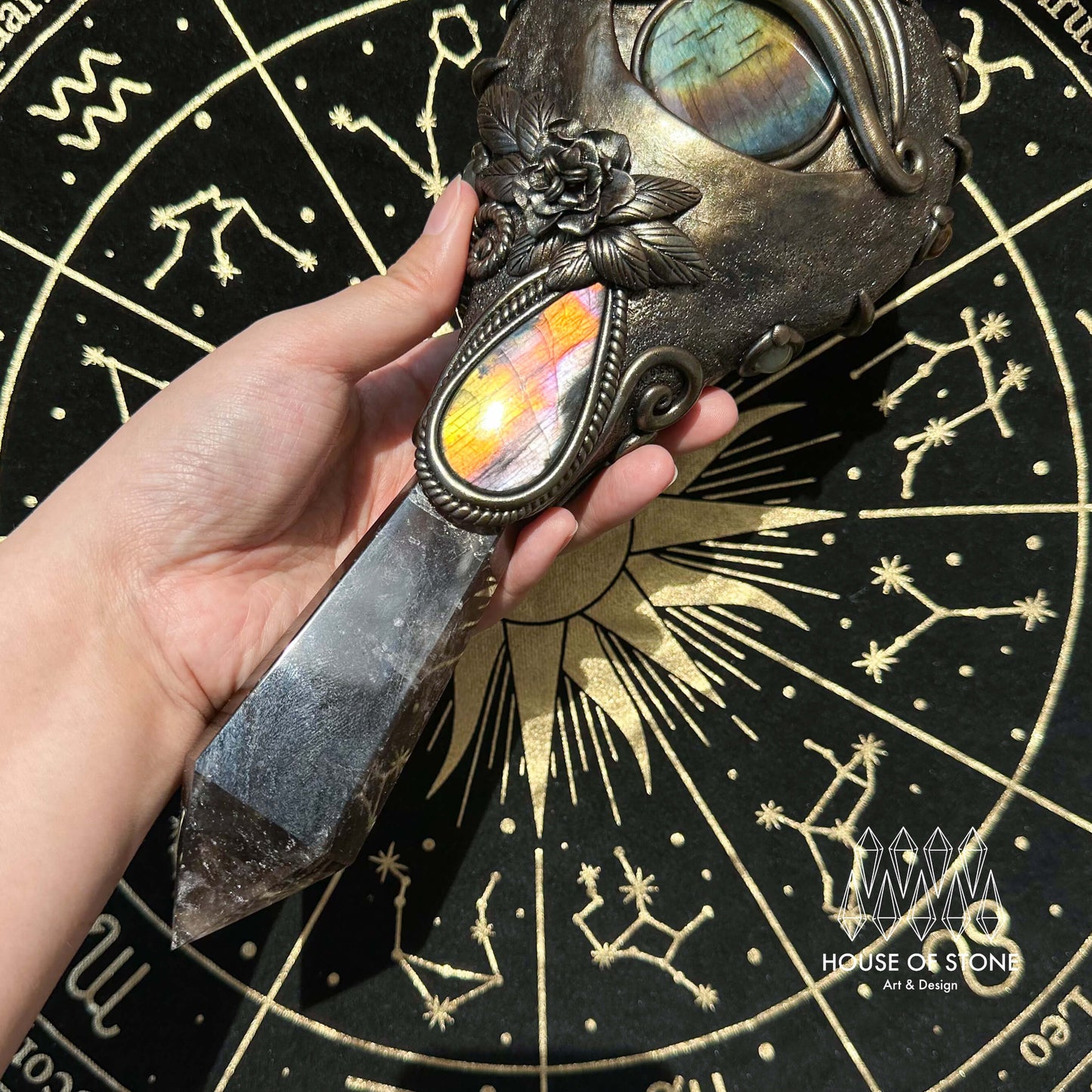 Handmade Natural Black Obsidian Mirror/Magic Obsidian Witch Wand/Crystal Quartz Wand/Scrying Mirror Wand/Root Chakra/Manifest Altar Tool