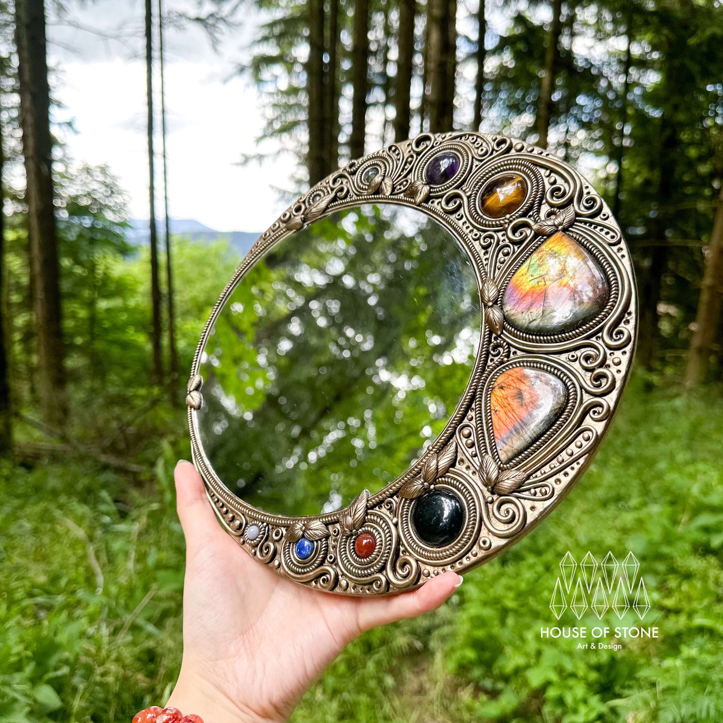 Natural Handmade Crystal Mirror/Magic Crystal Witch Mirror/Labradorite Mirror/Crystal Quartz Mirror/Chakra Healing/Manifest Altar Tool