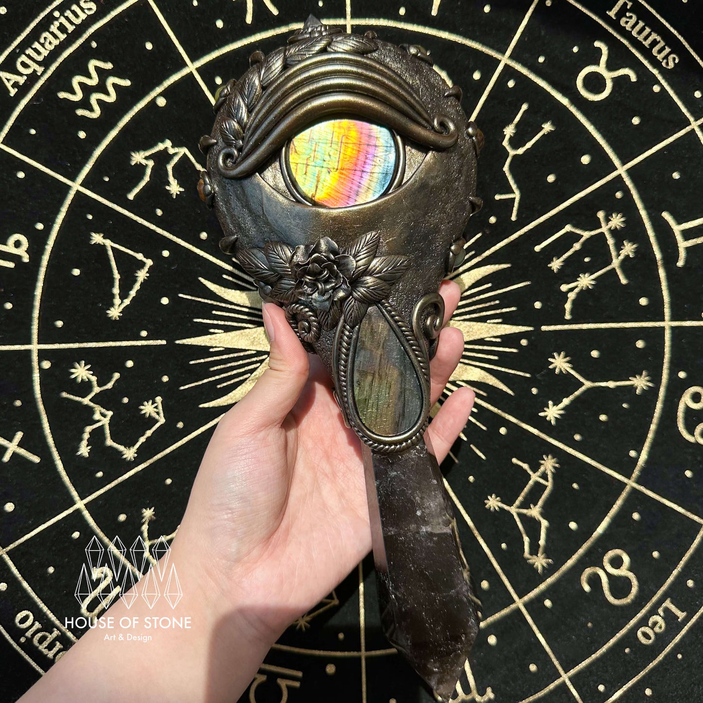 Handmade Natural Black Obsidian Mirror/Magic Obsidian Witch Wand/Crystal Quartz Wand/Scrying Mirror Wand/Root Chakra/Manifest Altar Tool