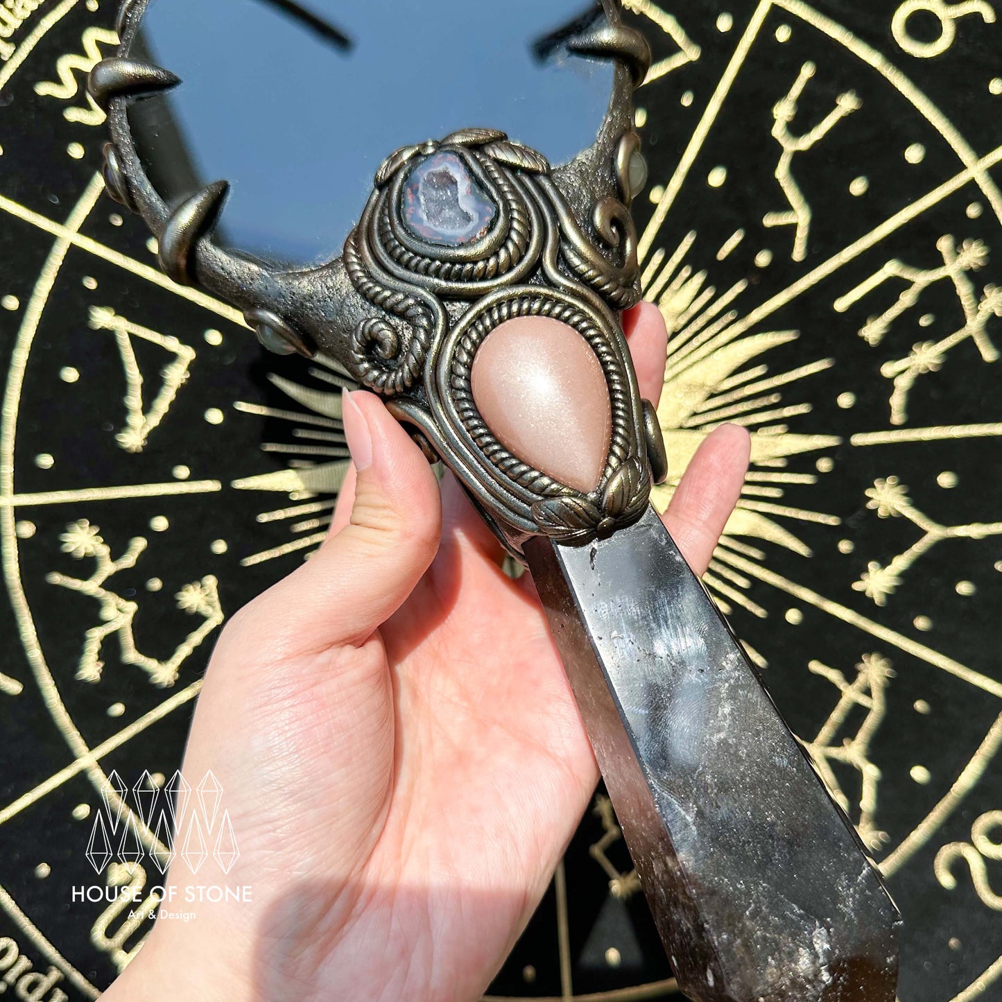 Handmade Natural Black Obsidian Mirror/Magic Obsidian Witch Wand/Crystal Quartz Wand/Scrying Mirror Wand/Root Chakra/Manifest Altar Tool