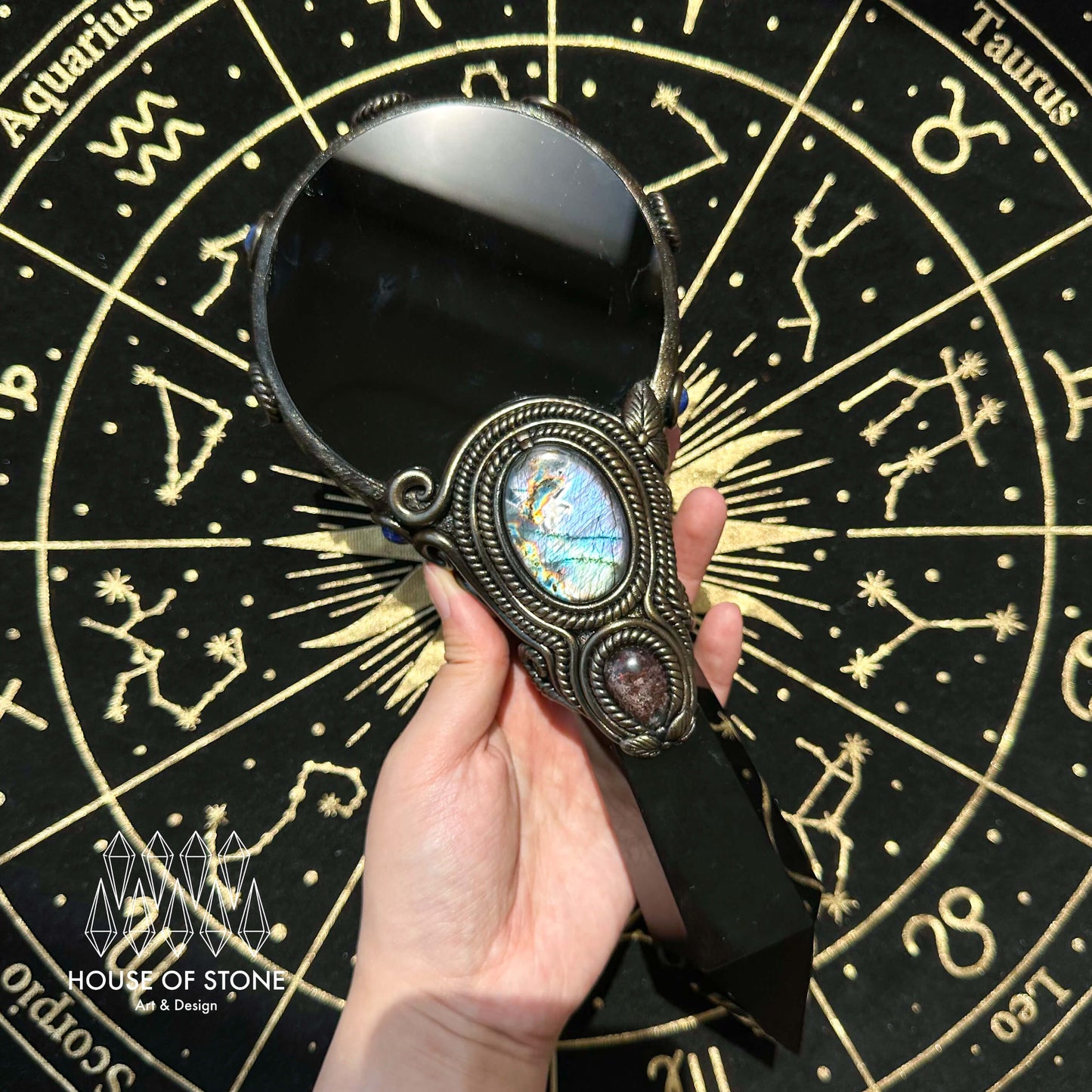 Handmade Natural Black Obsidian Mirror/Magic Obsidian Witch Wand/Crystal Quartz Wand/Scrying Mirror Wand/Root Chakra/Manifest Altar Tool
