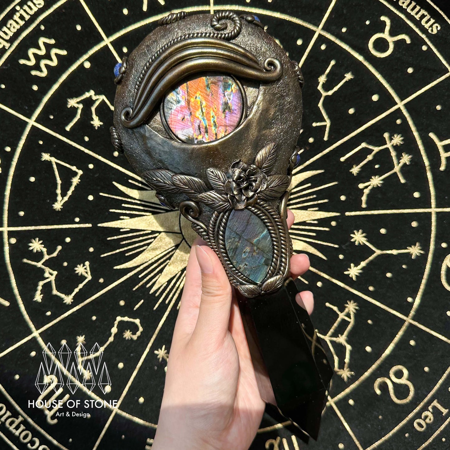 Handmade Natural Black Obsidian Mirror/Magic Obsidian Witch Wand/Crystal Quartz Wand/Scrying Mirror Wand/Root Chakra/Manifest Altar Tool