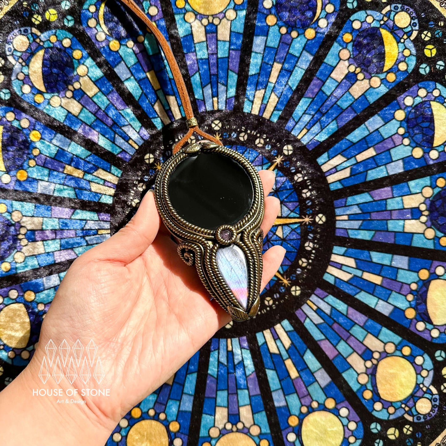 Handmade Natural Black Obsidian Pendant Necklace/Magic Obsidian Mirror Crystal Pendant/Scrying Mirror Labradorite Jewelry/Altar Tool