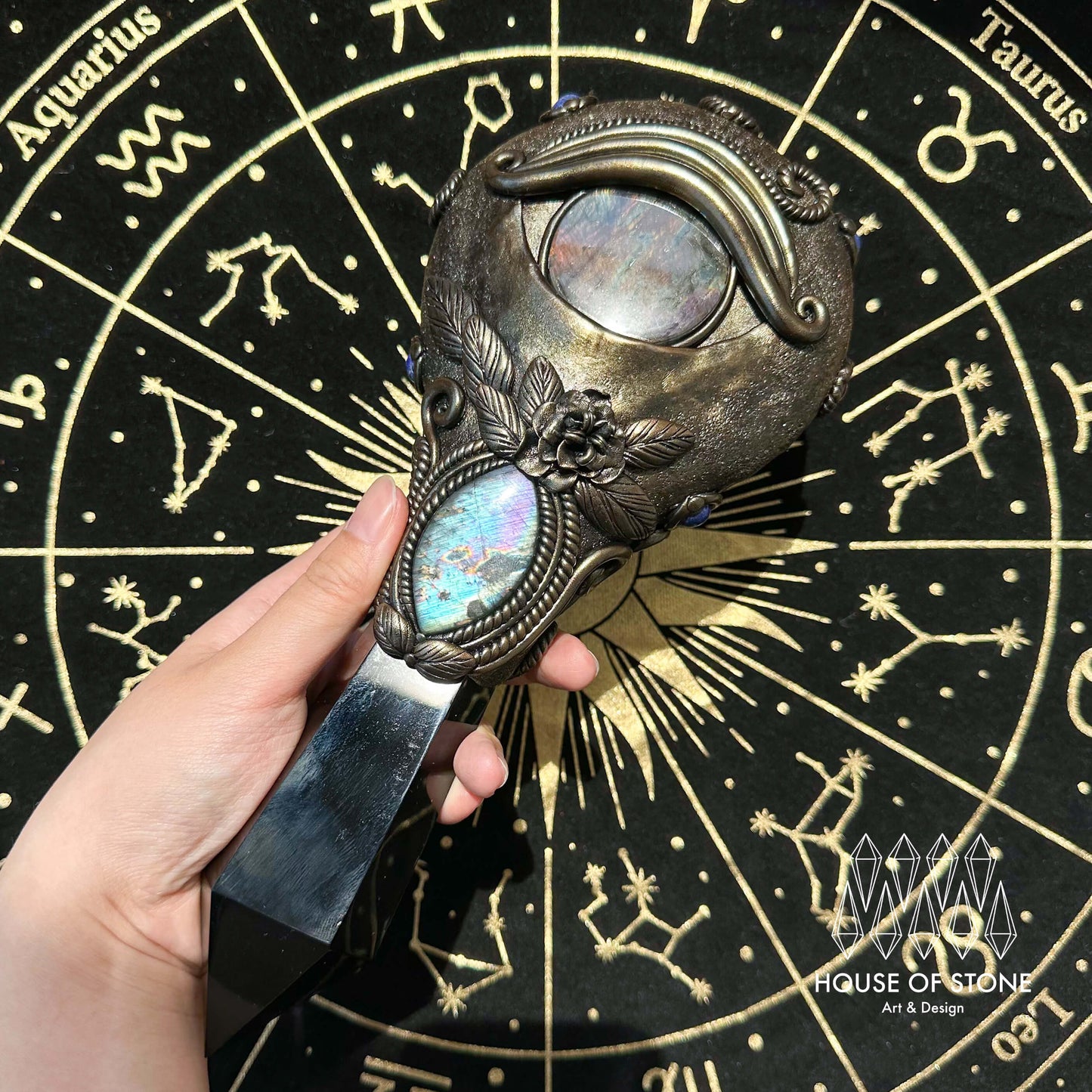 Handmade Natural Black Obsidian Mirror/Magic Obsidian Witch Wand/Crystal Quartz Wand/Scrying Mirror Wand/Root Chakra/Manifest Altar Tool