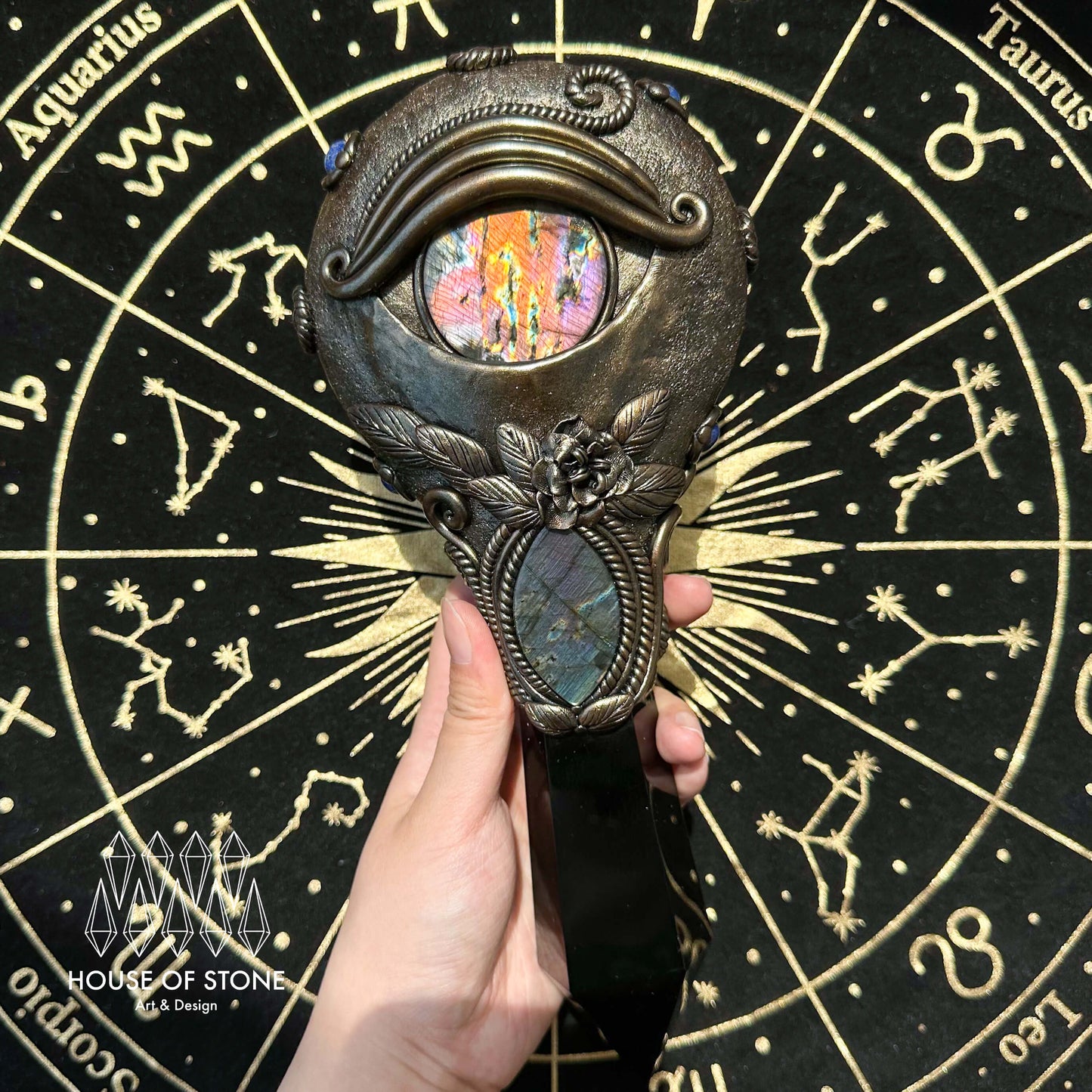 Handmade Natural Black Obsidian Mirror/Magic Obsidian Witch Wand/Crystal Quartz Wand/Scrying Mirror Wand/Root Chakra/Manifest Altar Tool