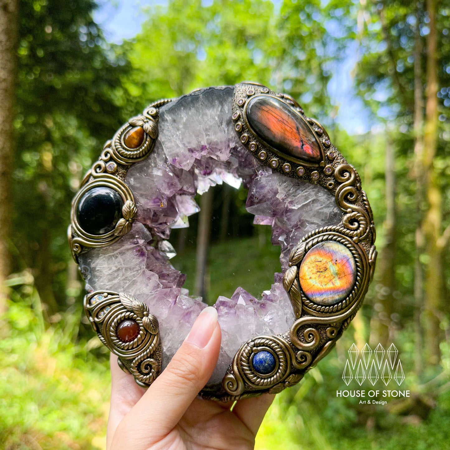 Natural Amethyst Portal Slice Geode Mirror/Brazil Amethyst Geode Druzy Portal Mirror/Handmade Crystal Portal Slice Mirror/Altar Tools