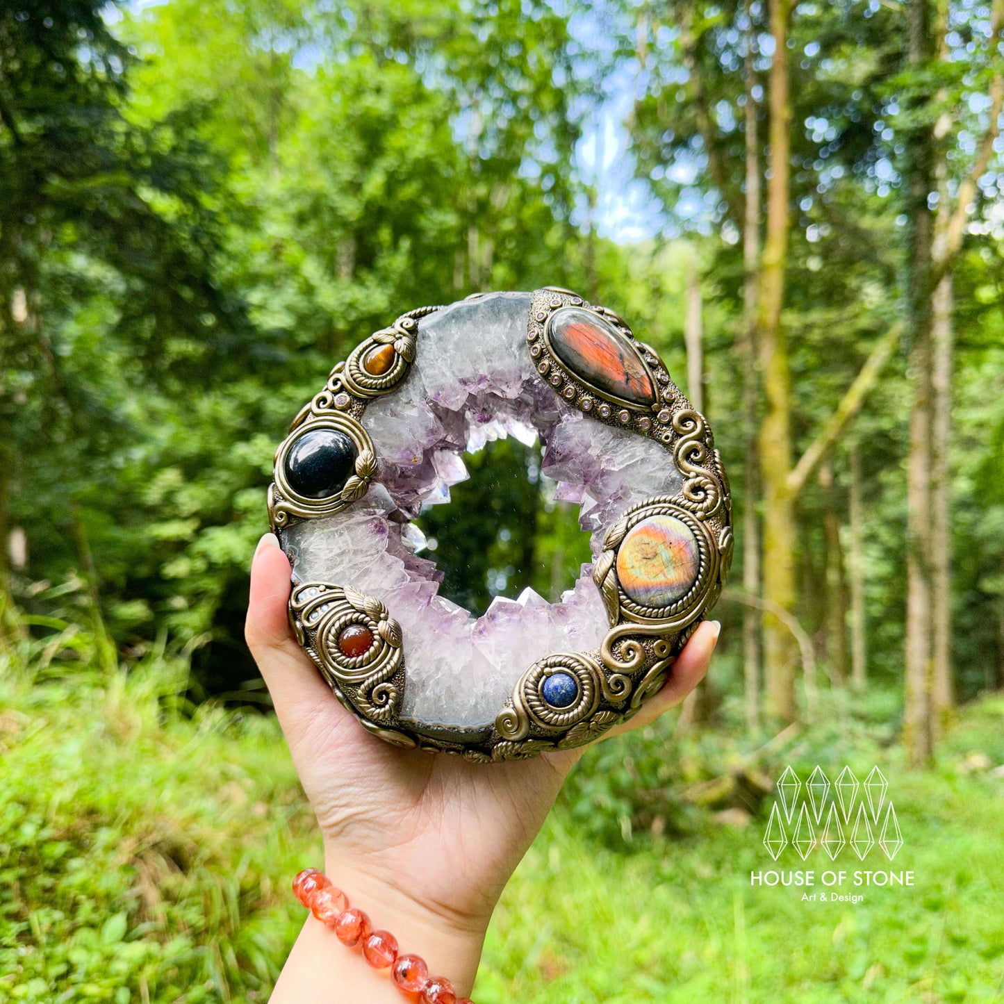 Natural Amethyst Portal Slice Geode Mirror/Brazil Amethyst Geode Druzy Portal Mirror/Handmade Crystal Portal Slice Mirror/Altar Tools