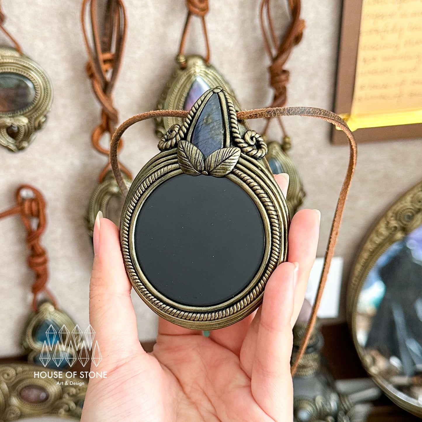 Handmade Natural Black Obsidian Pendant Necklace/Magic Obsidian Mirror Crystal Pendant/Scrying Mirror Labradorite Jewelry/Altar Tool