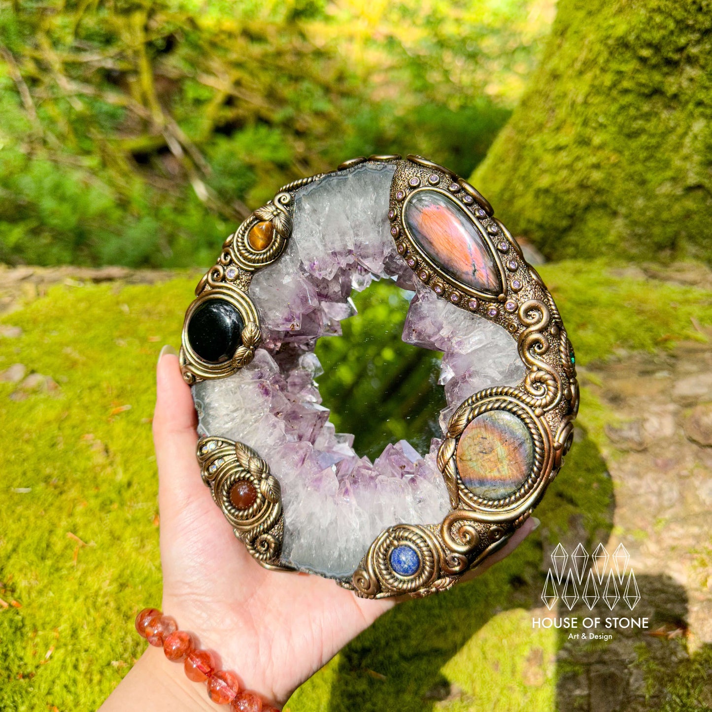 Natural Amethyst Portal Slice Geode Mirror/Brazil Amethyst Geode Druzy Portal Mirror/Handmade Crystal Portal Slice Mirror/Altar Tools