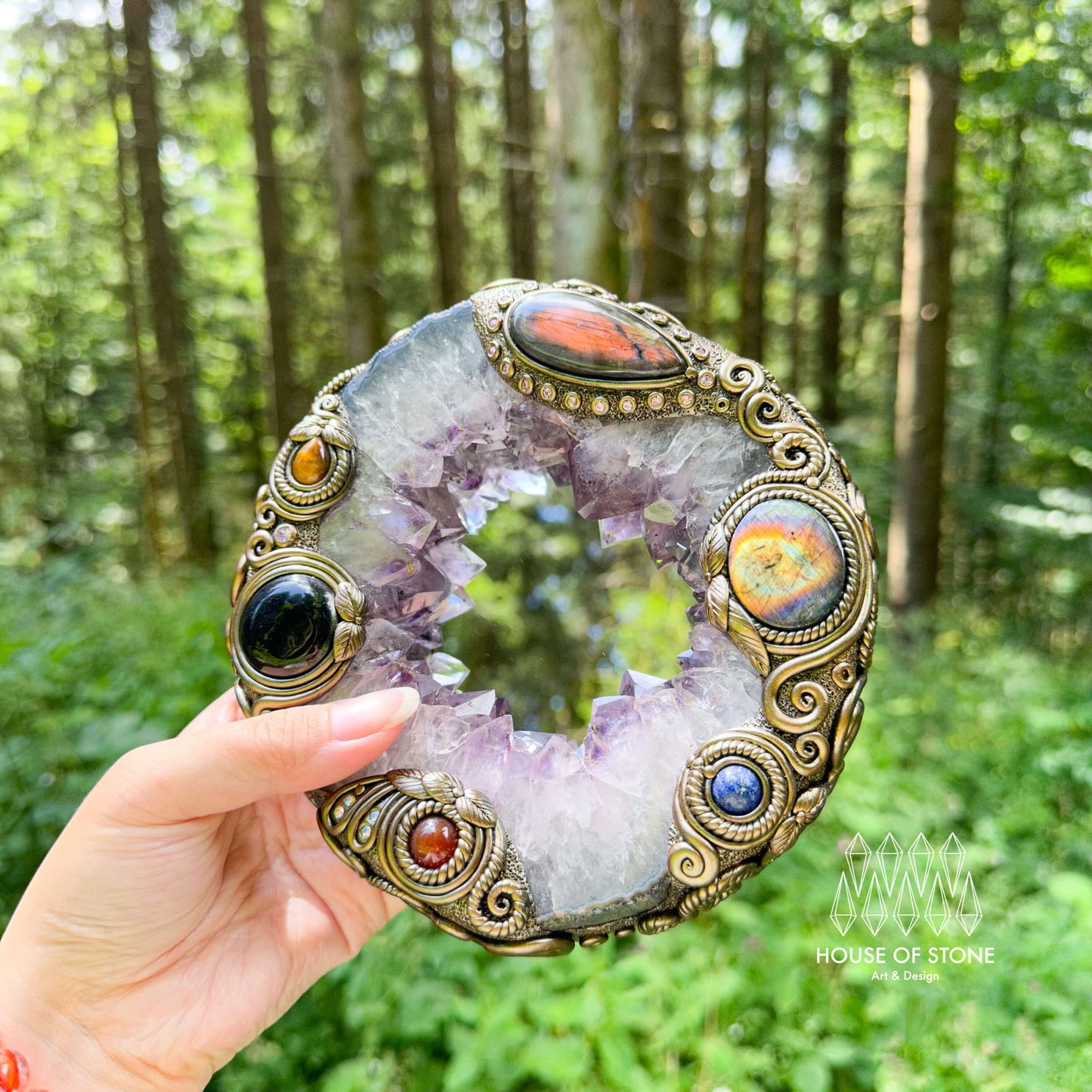 Natural Amethyst Portal Slice Geode Mirror/Brazil Amethyst Geode Druzy Portal Mirror/Handmade Crystal Portal Slice Mirror/Altar Tools