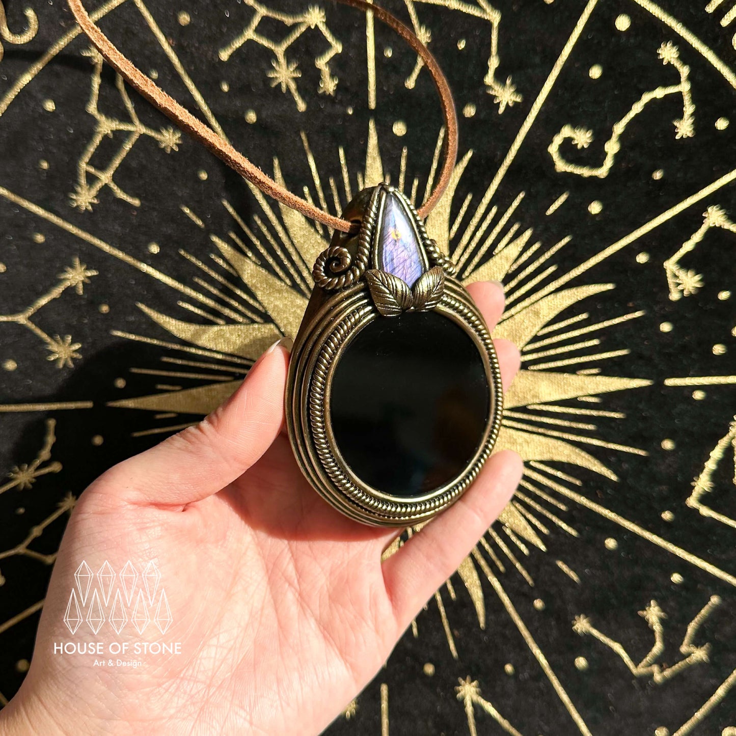 Handmade Natural Black Obsidian Pendant Necklace/Magic Obsidian Mirror Crystal Pendant/Scrying Mirror Labradorite Jewelry/Altar Tool