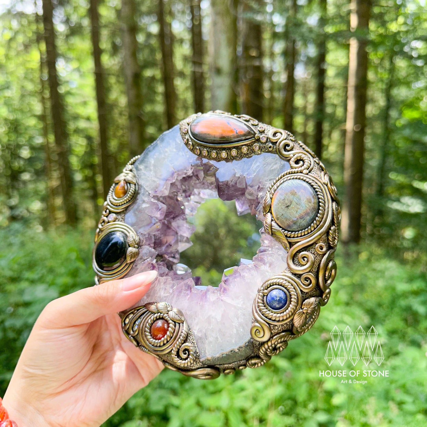 Natural Amethyst Portal Slice Geode Mirror/Brazil Amethyst Geode Druzy Portal Mirror/Handmade Crystal Portal Slice Mirror/Altar Tools