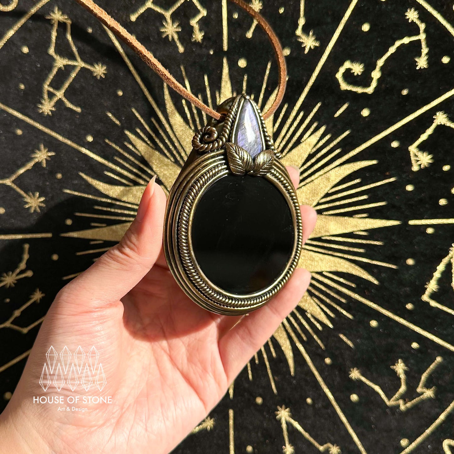 Handmade Natural Black Obsidian Pendant Necklace/Magic Obsidian Mirror Crystal Pendant/Scrying Mirror Labradorite Jewelry/Altar Tool