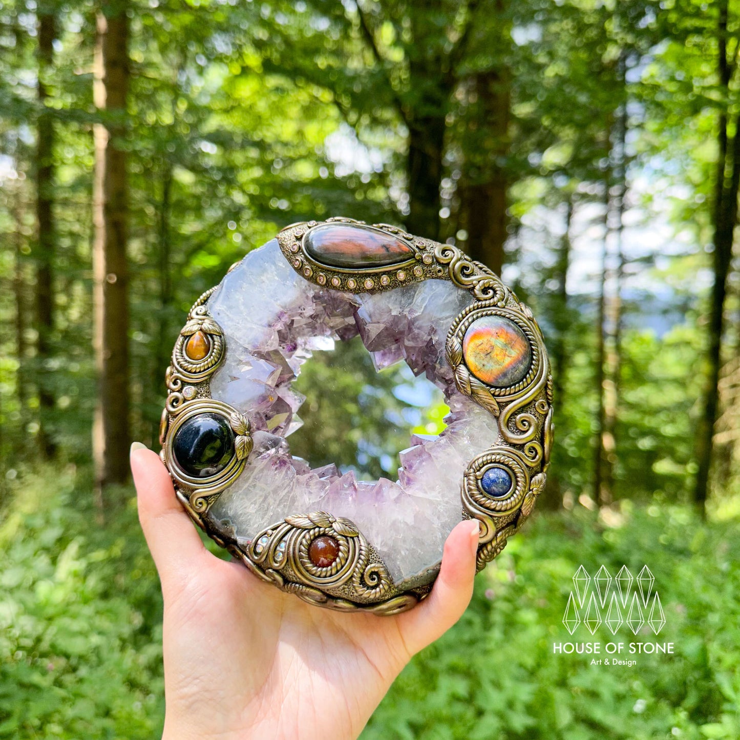 Natural Amethyst Portal Slice Geode Mirror/Brazil Amethyst Geode Druzy Portal Mirror/Handmade Crystal Portal Slice Mirror/Altar Tools