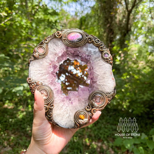 Natural Amethyst Portal Slice Geode Mirror/Brazil Amethyst Geode Druzy Portal Mirror/Handmade Crystal Portal Slice Mirror/Altar Tools