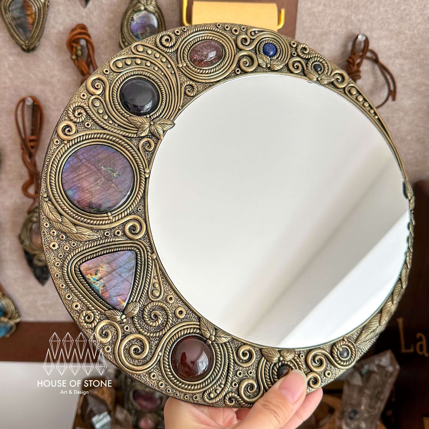 Natural Handmade Crystal Mirror/Magic Crystal Witch Mirror/Labradorite Mirror/Crystal Quartz Mirror/Chakra Healing/Manifest Altar Tool