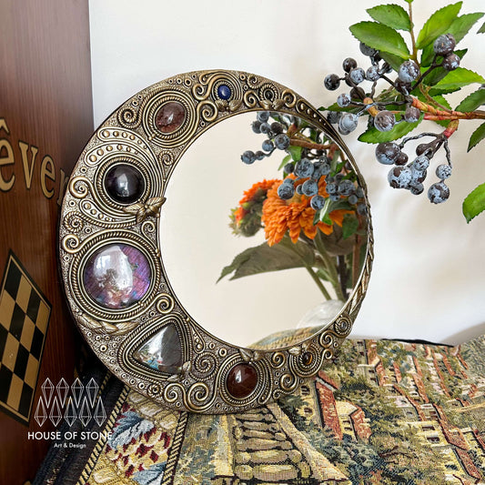 Natural Handmade Crystal Mirror/Magic Crystal Witch Mirror/Labradorite Mirror/Crystal Quartz Mirror/Chakra Healing/Manifest Altar Tool