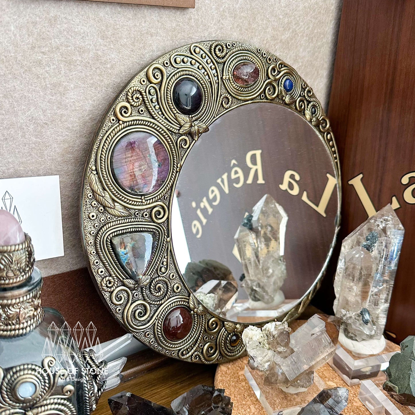 Natural Handmade Crystal Mirror/Magic Crystal Witch Mirror/Labradorite Mirror/Crystal Quartz Mirror/Chakra Healing/Manifest Altar Tool