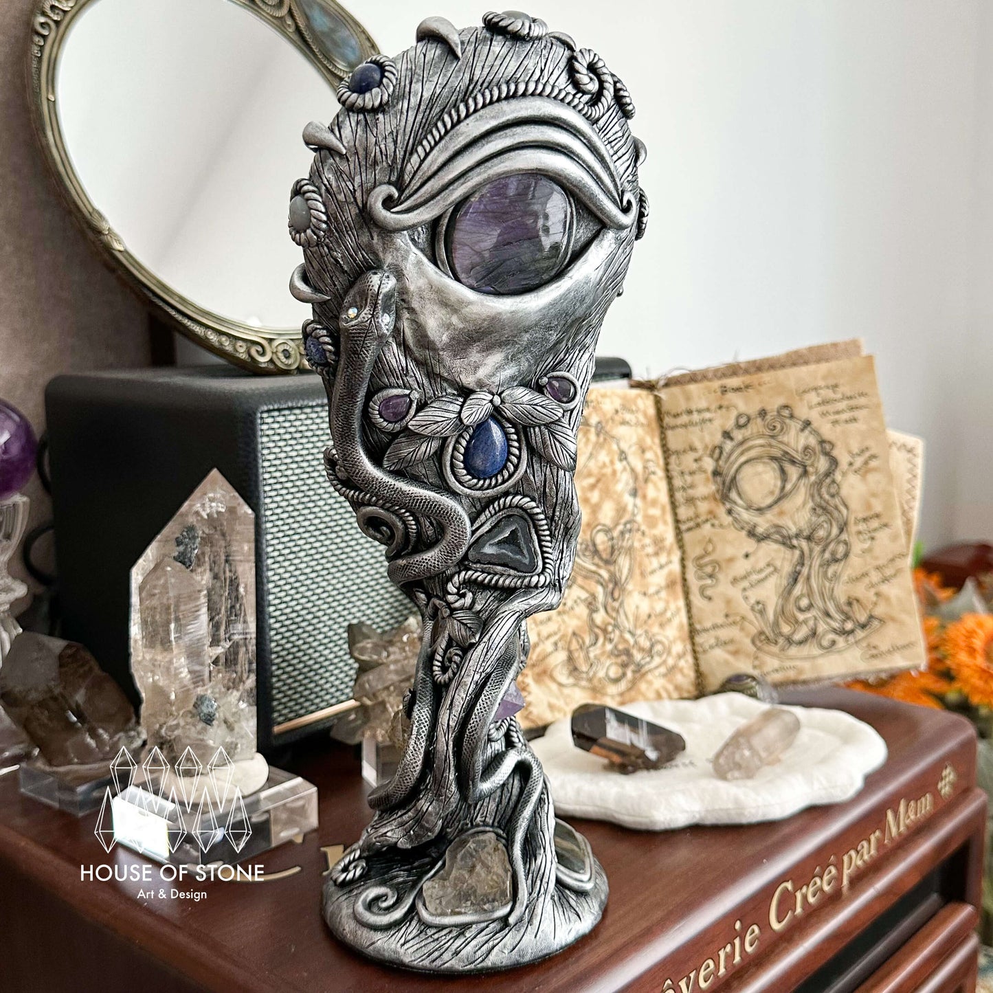 Handmade Natural Black Obsidian Mirror/Magic Obsidian Witch/Crystal Quartz with Base/Scrying Mirror/Root Chakra/Manifest Altar Tool