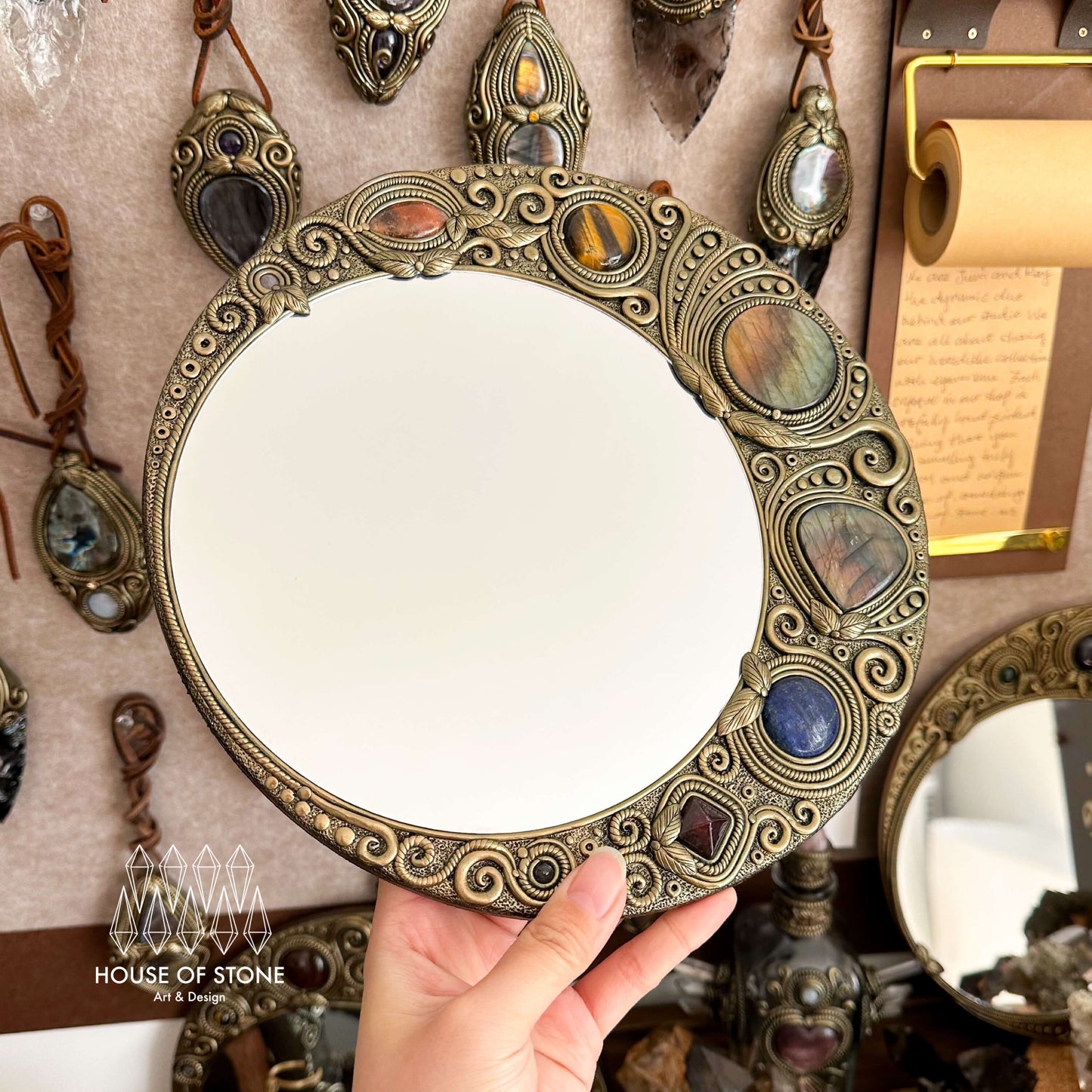 Natural Handmade Crystal Mirror/Magic Crystal Witch Mirror/Labradorite Mirror/Crystal Quartz Mirror/Chakra Healing/Manifest Altar Tool