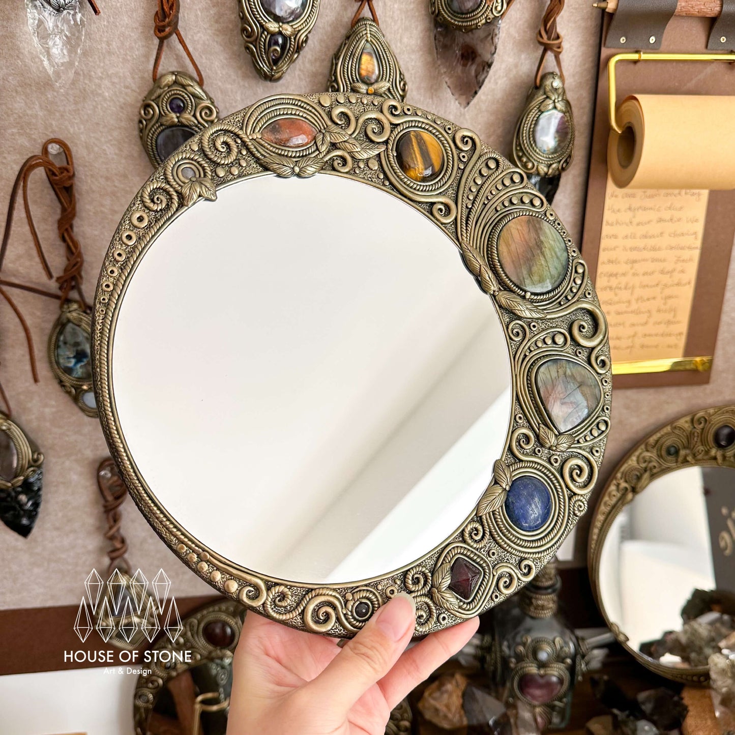 Natural Handmade Crystal Mirror/Magic Crystal Witch Mirror/Labradorite Mirror/Crystal Quartz Mirror/Chakra Healing/Manifest Altar Tool