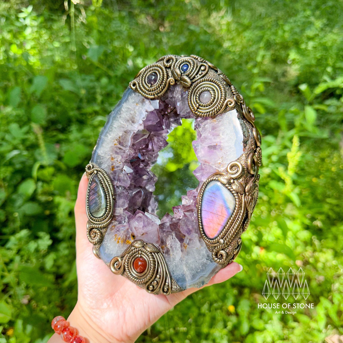 Natural Amethyst Portal Slice Geode Mirror/Brazil Amethyst Geode Druzy Portal Mirror/Handmade Crystal Portal Slice Mirror/Altar Tools