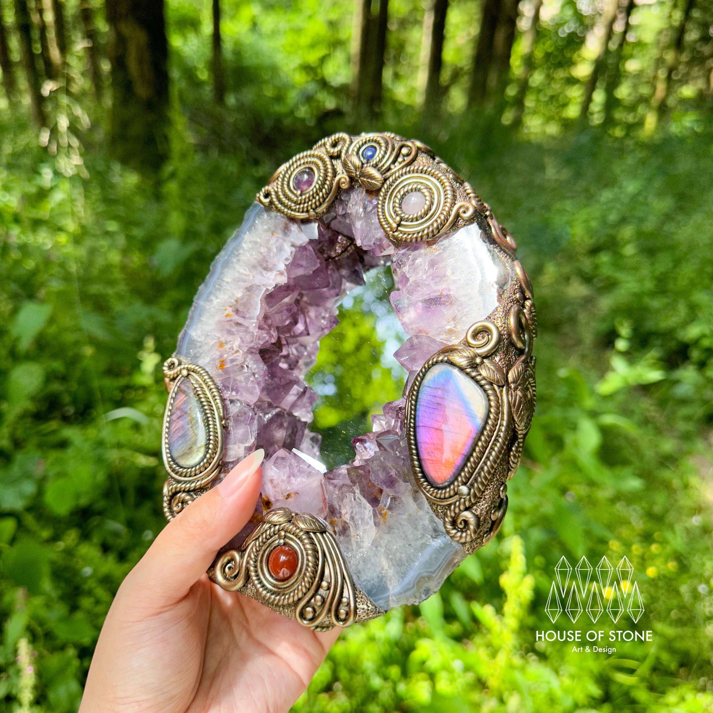 Natural Amethyst Portal Slice Geode Mirror/Brazil Amethyst Geode Druzy Portal Mirror/Handmade Crystal Portal Slice Mirror/Altar Tools