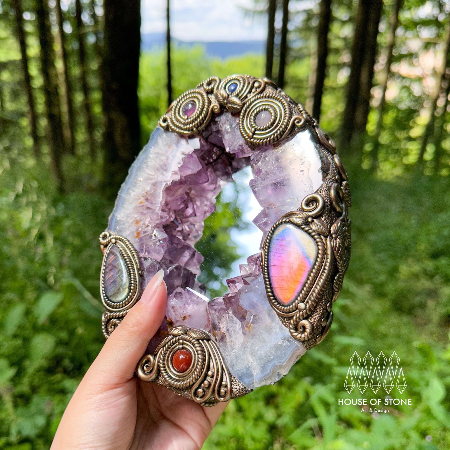 Natural Amethyst Portal Slice Geode Mirror/Brazil Amethyst Geode Druzy Portal Mirror/Handmade Crystal Portal Slice Mirror/Altar Tools