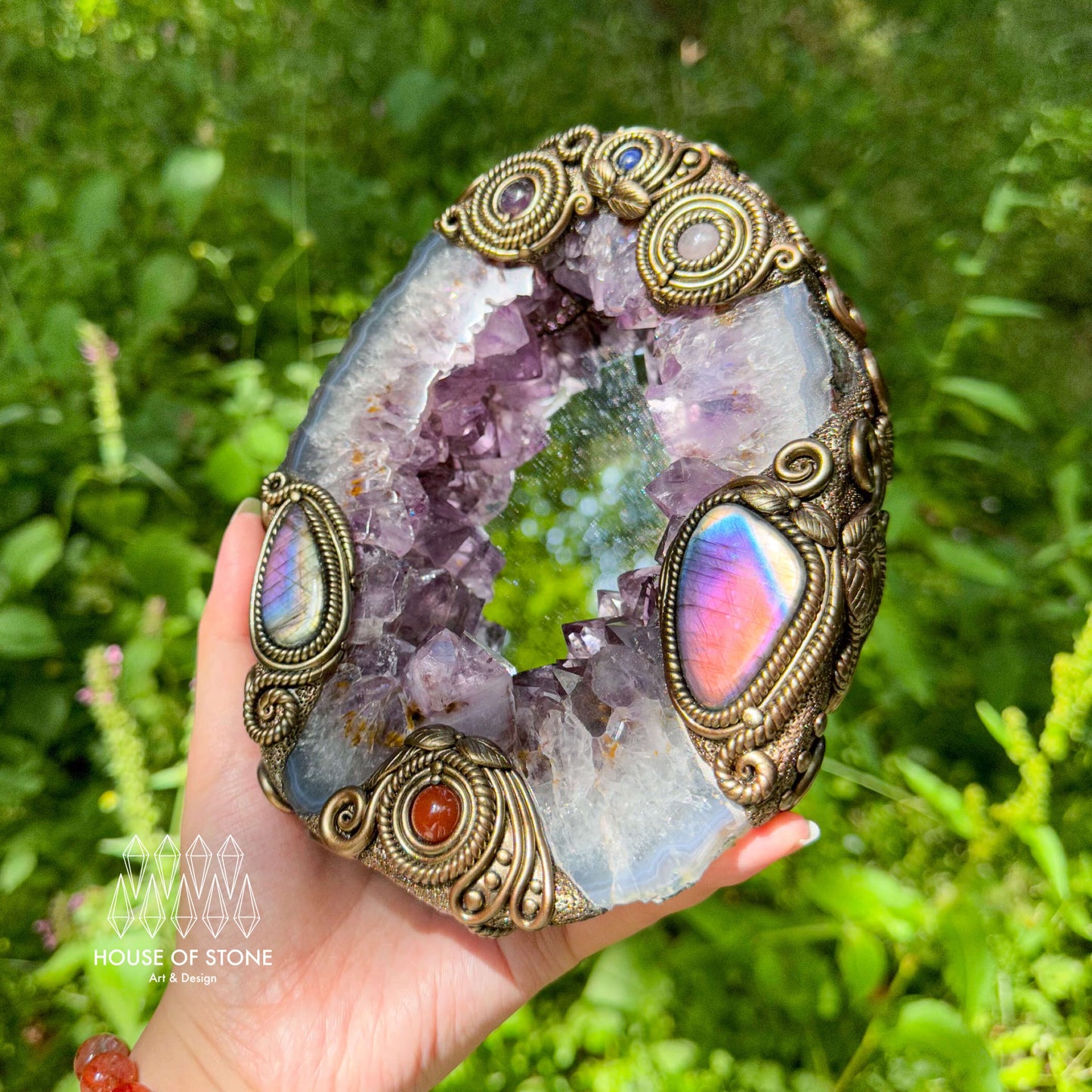 Natural Amethyst Portal Slice Geode Mirror/Brazil Amethyst Geode Druzy Portal Mirror/Handmade Crystal Portal Slice Mirror/Altar Tools