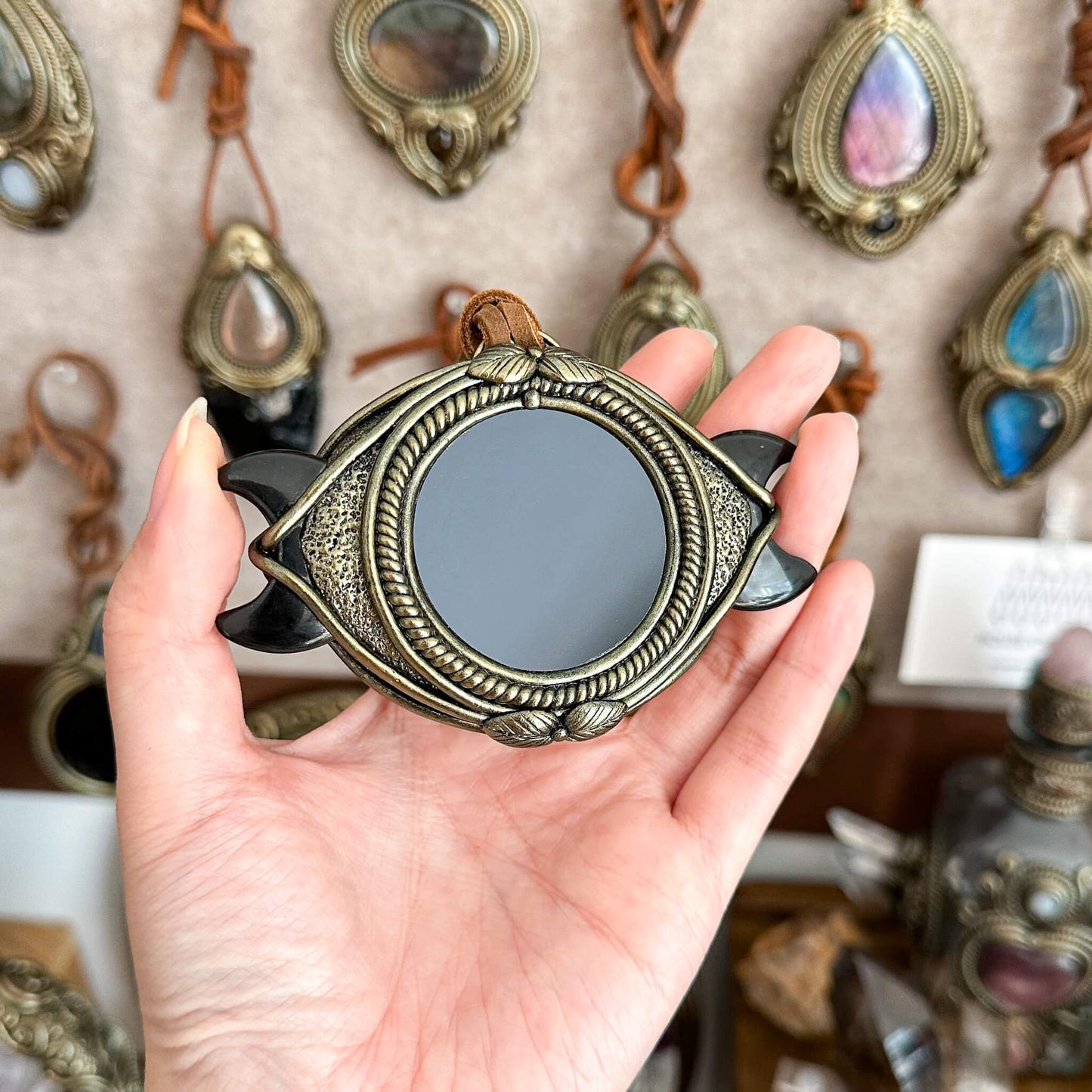 Handmade Natural Black Obsidian Triple Moon Pendant Necklace/Magic Obsidian Mirror Crystal Pendant/Scrying Mirror Protection Jewelry/Altar Tool