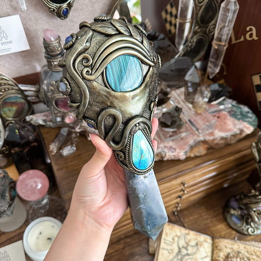 Handmade Natural Black Obsidian Mirror/Magic Obsidian Witch Wand/Crystal Quartz Wand/Scrying Mirror Wand/Root Chakra/Manifest Altar Tool