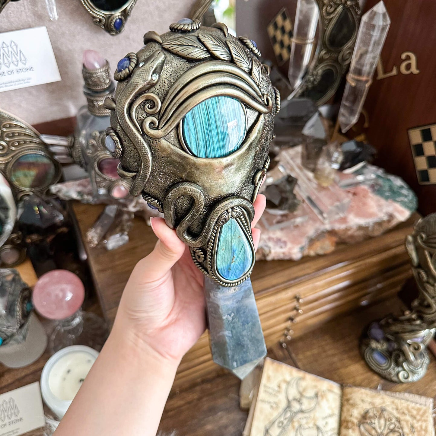 Handmade Natural Black Obsidian Mirror/Magic Obsidian Witch Wand/Crystal Quartz Wand/Scrying Mirror Wand/Root Chakra/Manifest Altar Tool