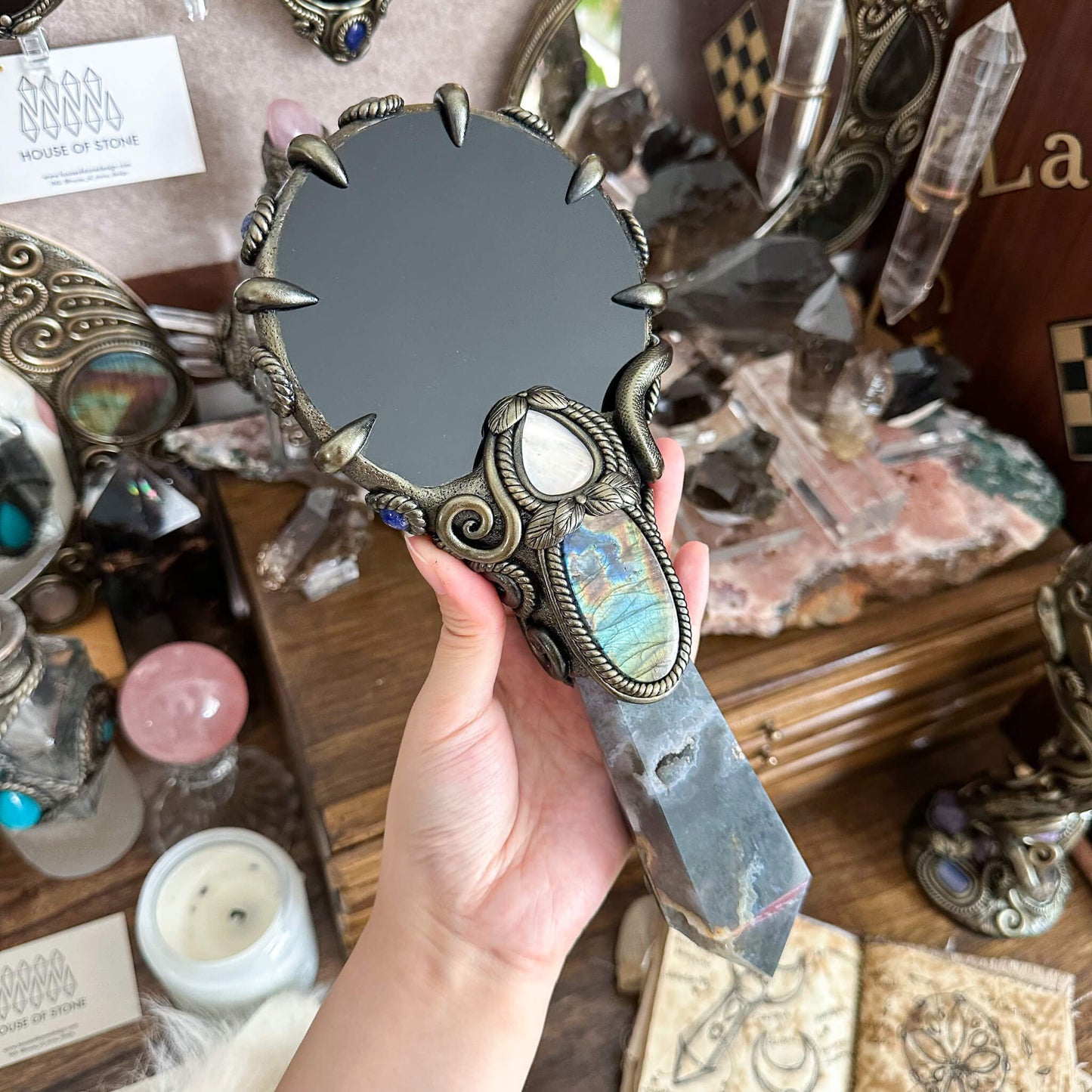 Handmade Natural Black Obsidian Mirror/Magic Obsidian Witch Wand/Crystal Quartz Wand/Scrying Mirror Wand/Root Chakra/Manifest Altar Tool