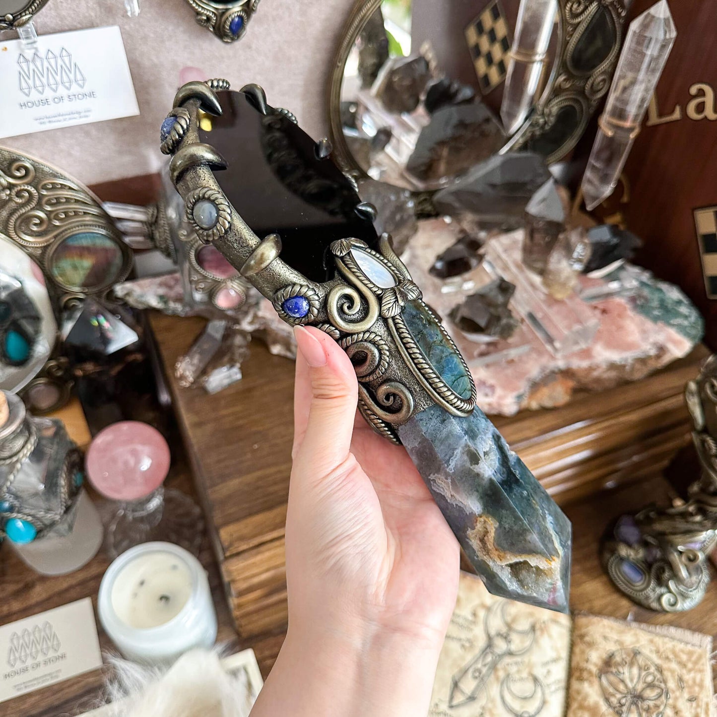 Handmade Natural Black Obsidian Mirror/Magic Obsidian Witch Wand/Crystal Quartz Wand/Scrying Mirror Wand/Root Chakra/Manifest Altar Tool