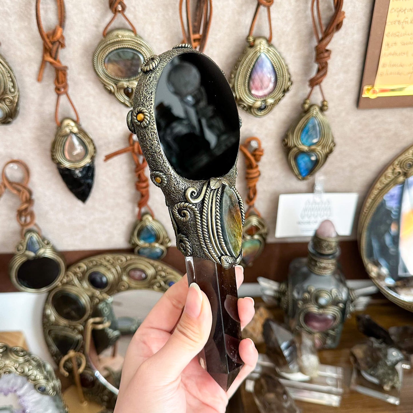 Handmade Natural Black Obsidian Mirror/Magic Obsidian Witch Wand/Crystal Quartz Wand/Scrying Mirror Wand/Root Chakra/Manifest Altar Tool