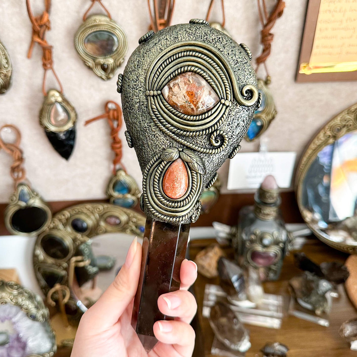 Handmade Natural Black Obsidian Mirror/Magic Obsidian Witch Wand/Crystal Quartz Wand/Scrying Mirror Wand/Root Chakra/Manifest Altar Tool