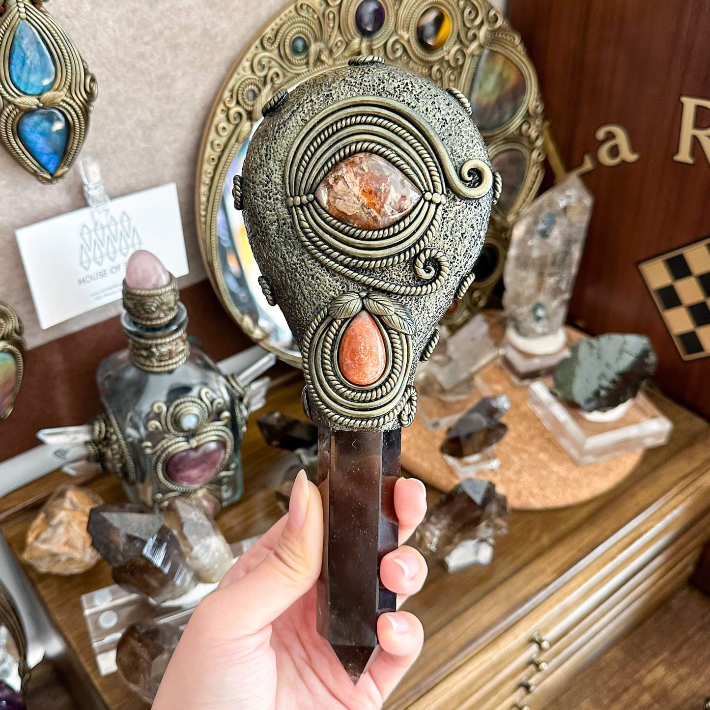 Handmade Natural Black Obsidian Mirror/Magic Obsidian Witch Wand/Crystal Quartz Wand/Scrying Mirror Wand/Root Chakra/Manifest Altar Tool