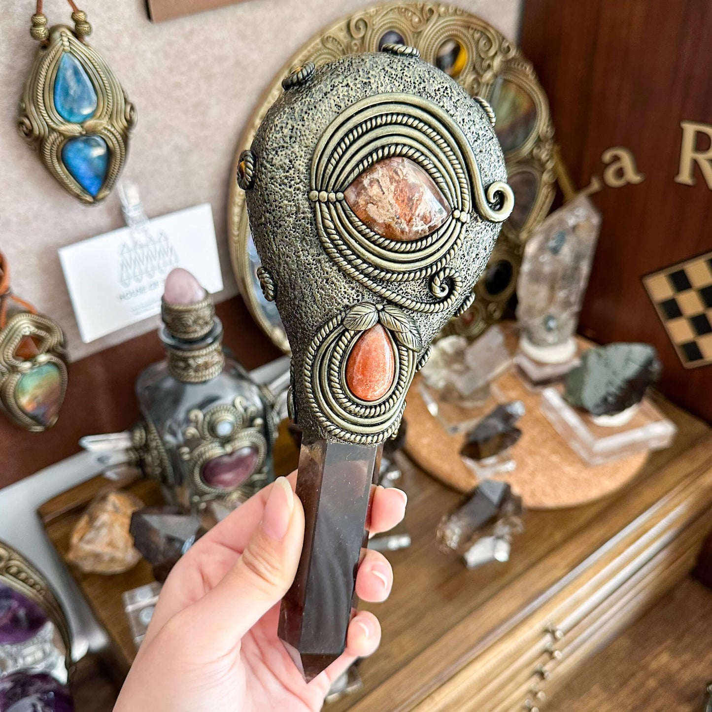 Handmade Natural Black Obsidian Mirror/Magic Obsidian Witch Wand/Crystal Quartz Wand/Scrying Mirror Wand/Root Chakra/Manifest Altar Tool