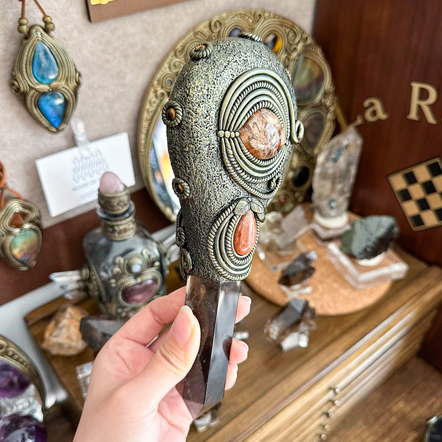 Handmade Natural Black Obsidian Mirror/Magic Obsidian Witch Wand/Crystal Quartz Wand/Scrying Mirror Wand/Root Chakra/Manifest Altar Tool