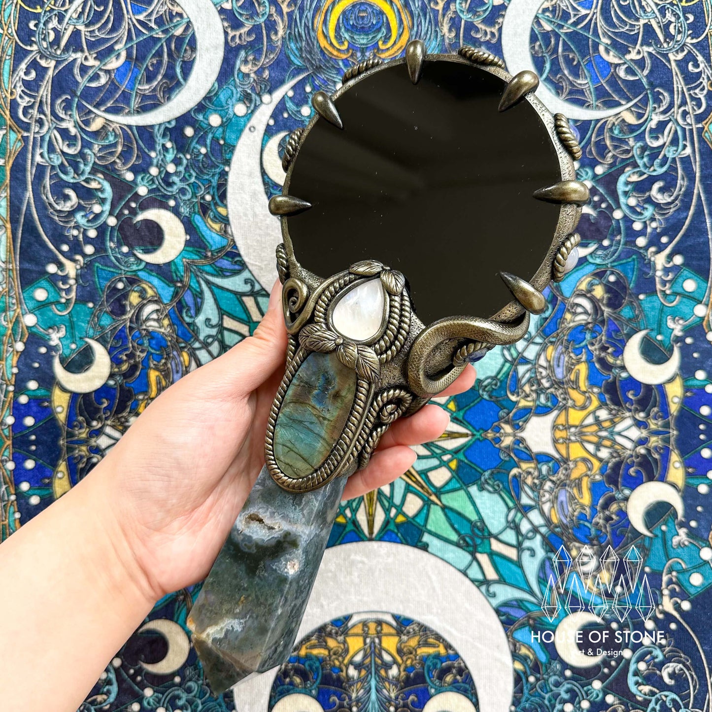 Handmade Natural Black Obsidian Mirror/Magic Obsidian Witch Wand/Crystal Quartz Wand/Scrying Mirror Wand/Root Chakra/Manifest Altar Tool