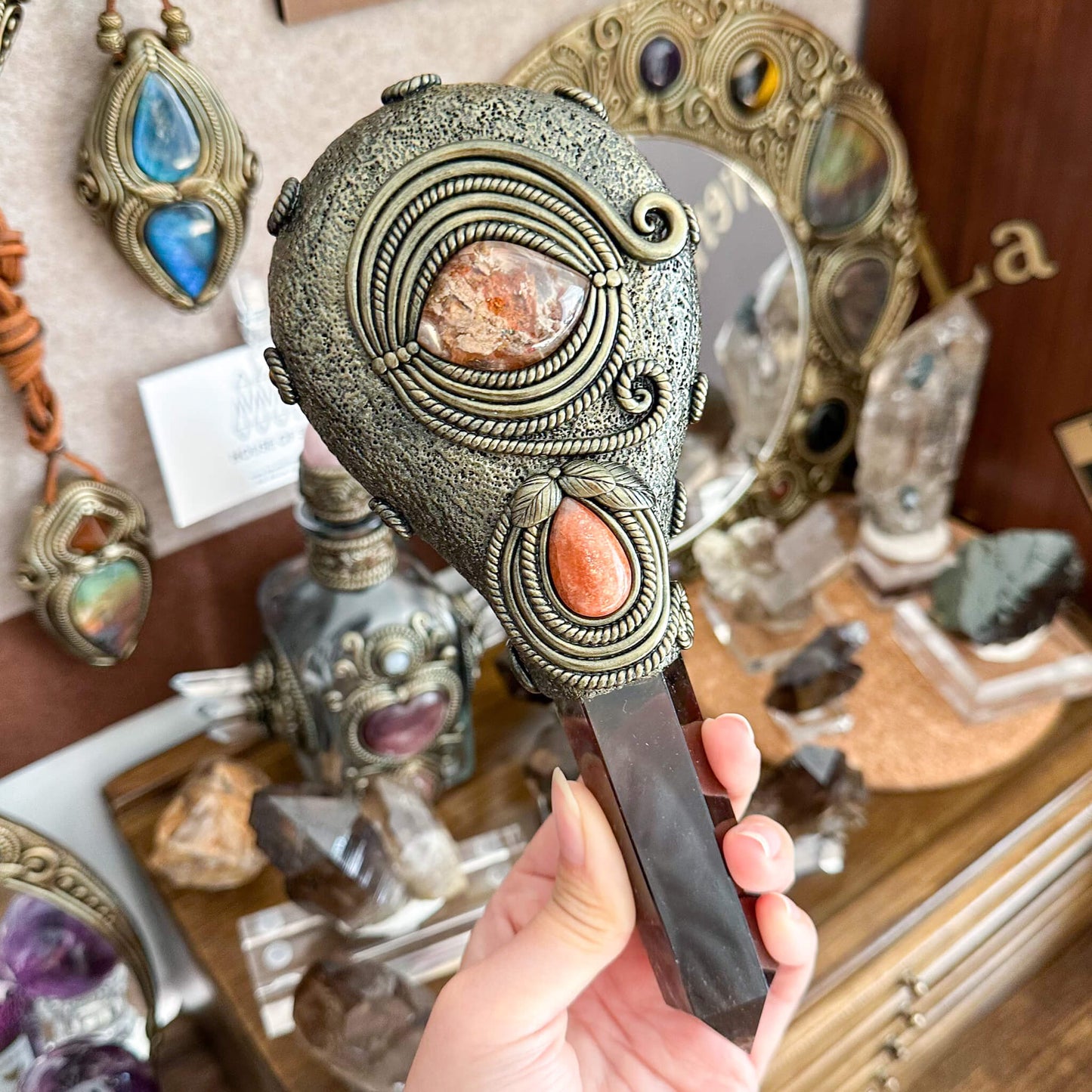 Handmade Natural Black Obsidian Mirror/Magic Obsidian Witch Wand/Crystal Quartz Wand/Scrying Mirror Wand/Root Chakra/Manifest Altar Tool