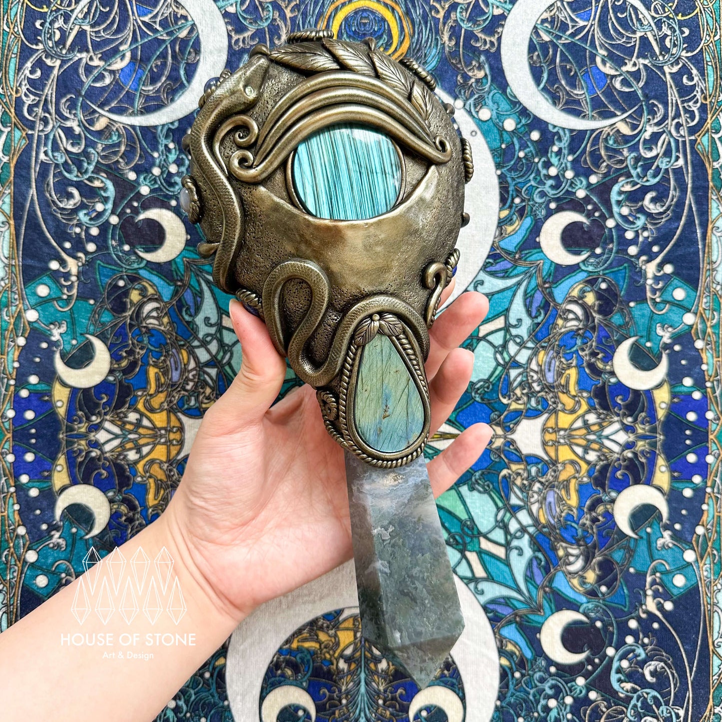 Handmade Natural Black Obsidian Mirror/Magic Obsidian Witch Wand/Crystal Quartz Wand/Scrying Mirror Wand/Root Chakra/Manifest Altar Tool