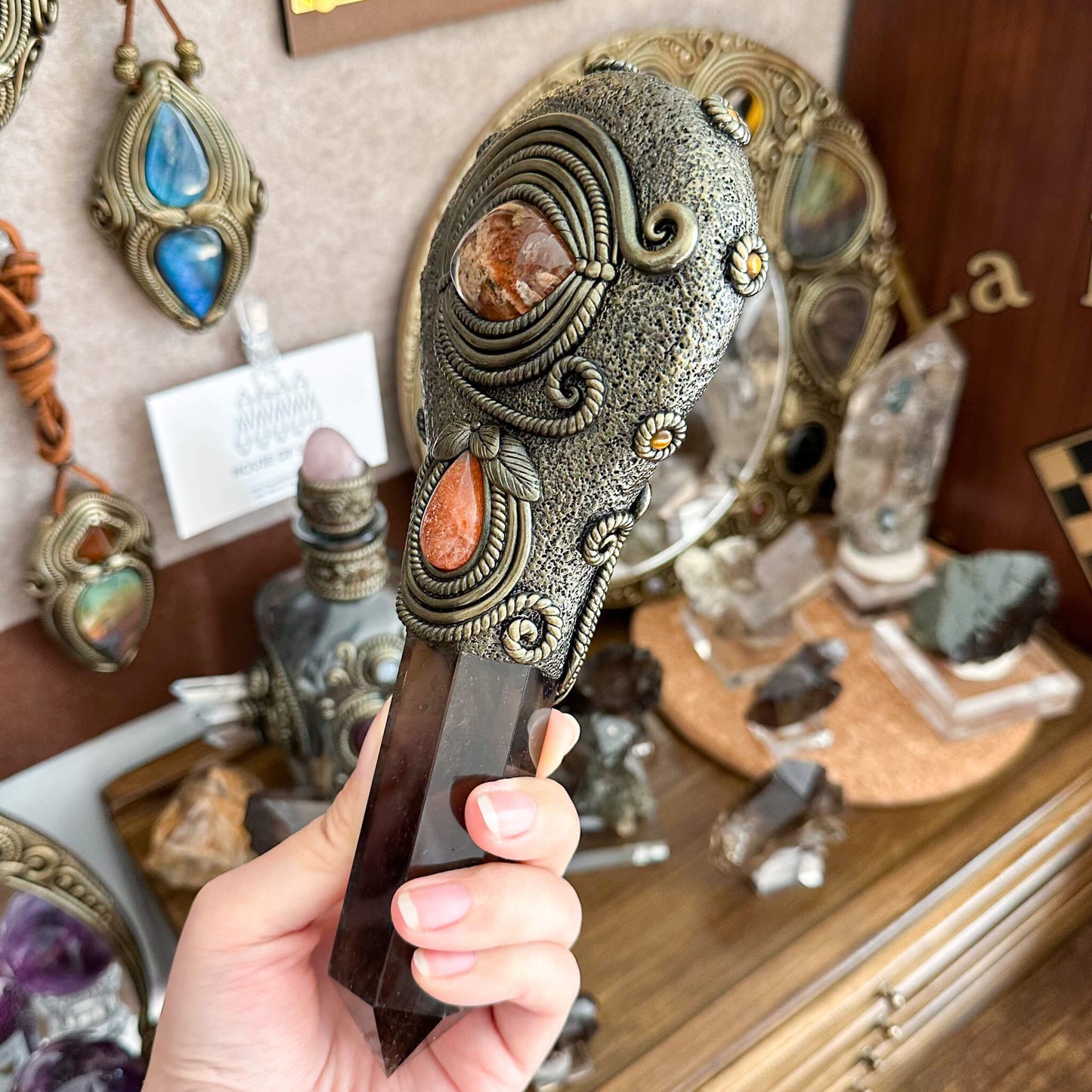 Handmade Natural Black Obsidian Mirror/Magic Obsidian Witch Wand/Crystal Quartz Wand/Scrying Mirror Wand/Root Chakra/Manifest Altar Tool