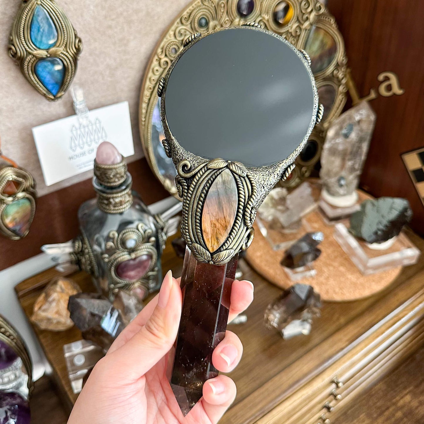 Handmade Natural Black Obsidian Mirror/Magic Obsidian Witch Wand/Crystal Quartz Wand/Scrying Mirror Wand/Root Chakra/Manifest Altar Tool