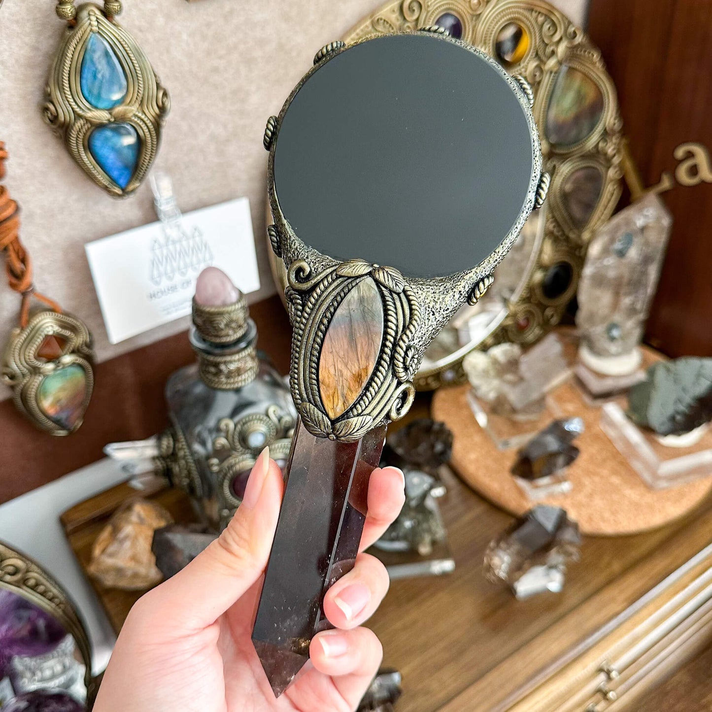 Handmade Natural Black Obsidian Mirror/Magic Obsidian Witch Wand/Crystal Quartz Wand/Scrying Mirror Wand/Root Chakra/Manifest Altar Tool