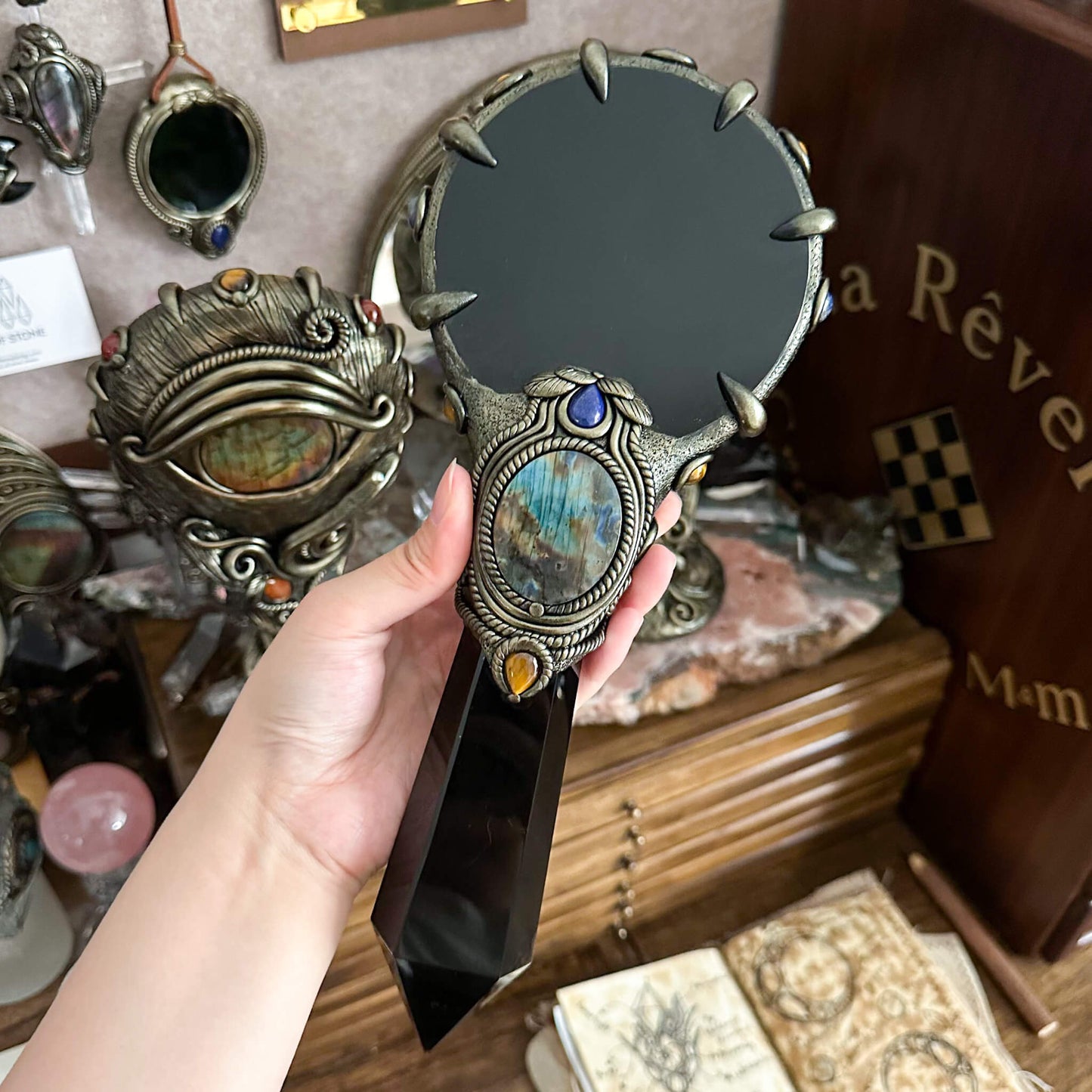 Handmade Natural Black Obsidian Mirror/Magic Obsidian Witch Wand/Crystal Quartz Wand/Scrying Mirror Wand/Root Chakra/Manifest Altar Tool