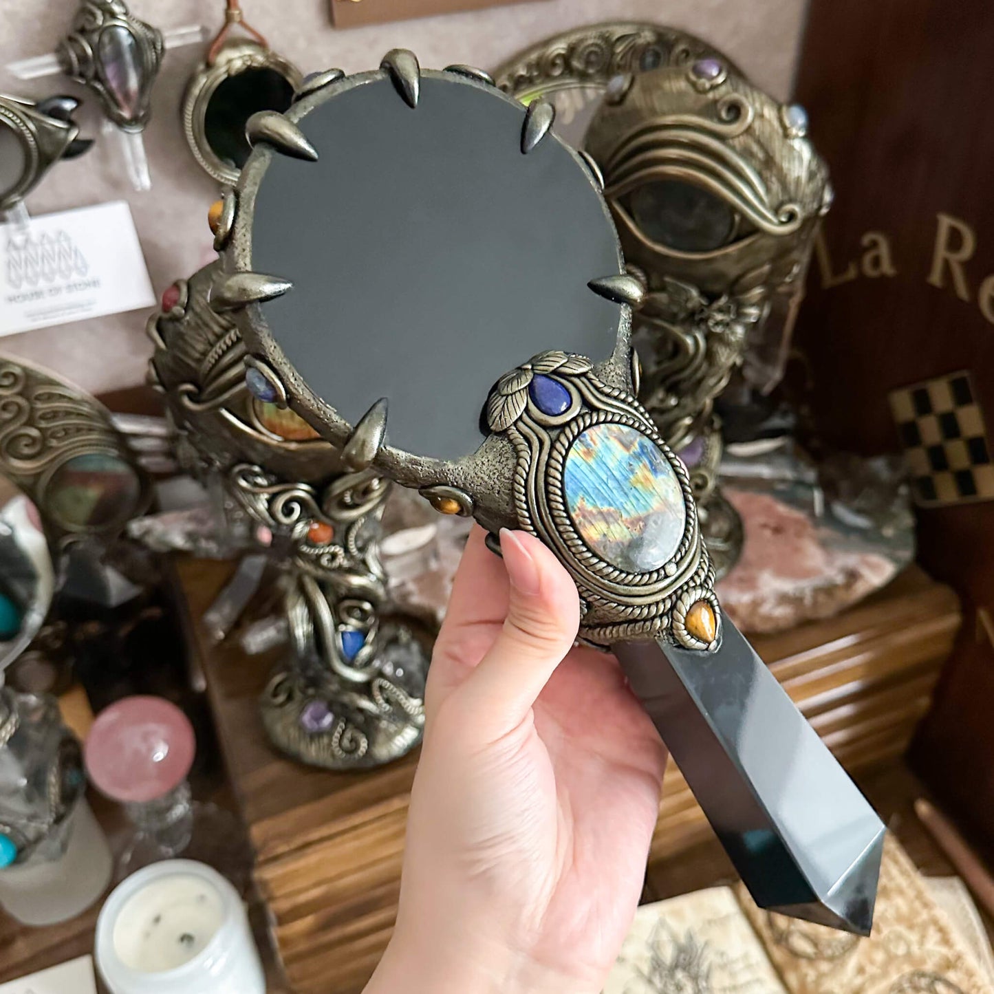Handmade Natural Black Obsidian Mirror/Magic Obsidian Witch Wand/Crystal Quartz Wand/Scrying Mirror Wand/Root Chakra/Manifest Altar Tool