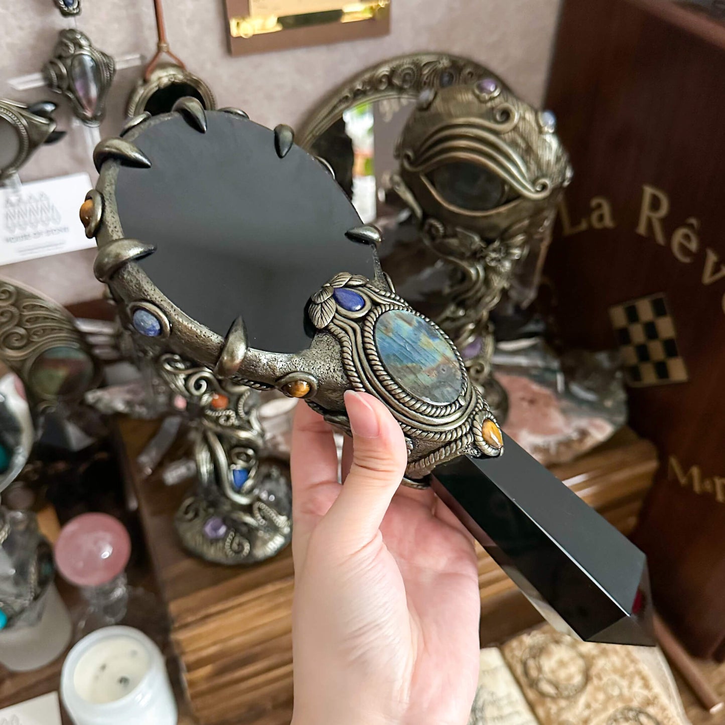 Handmade Natural Black Obsidian Mirror/Magic Obsidian Witch Wand/Crystal Quartz Wand/Scrying Mirror Wand/Root Chakra/Manifest Altar Tool